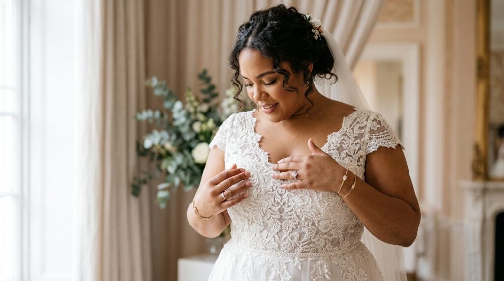 Close-up fashion photography of a plus-size woman in a beaut