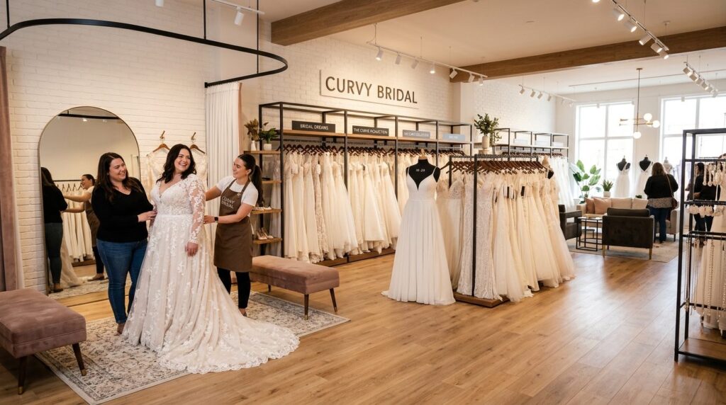 Wide-angle shot of a modern bridal boutique interior with pl