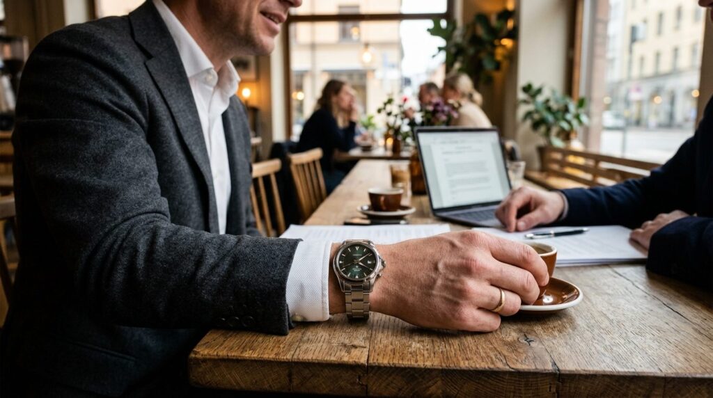 Candid lifestyle photograph of a well-dressed man wearing a