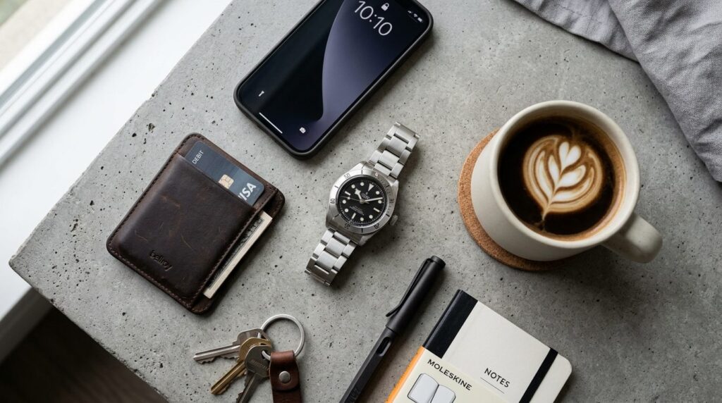 Flat lay composition of mens steel watch with metal bracele