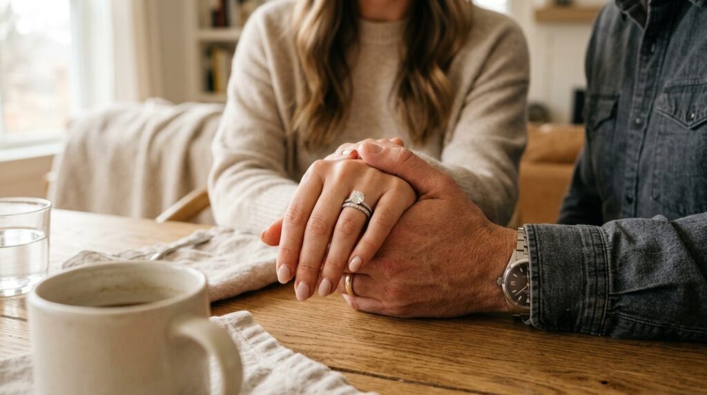 Et par hænder hviler sammen og viser en forlovelsesring.