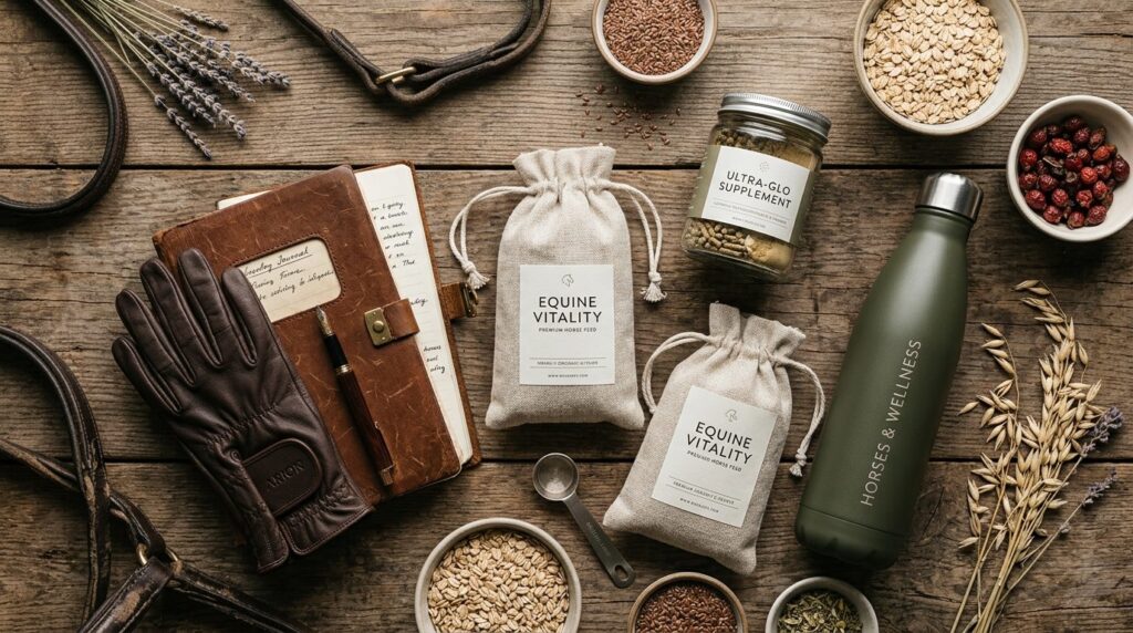 Close-up flat lay lifestyle photography of premium horse fee