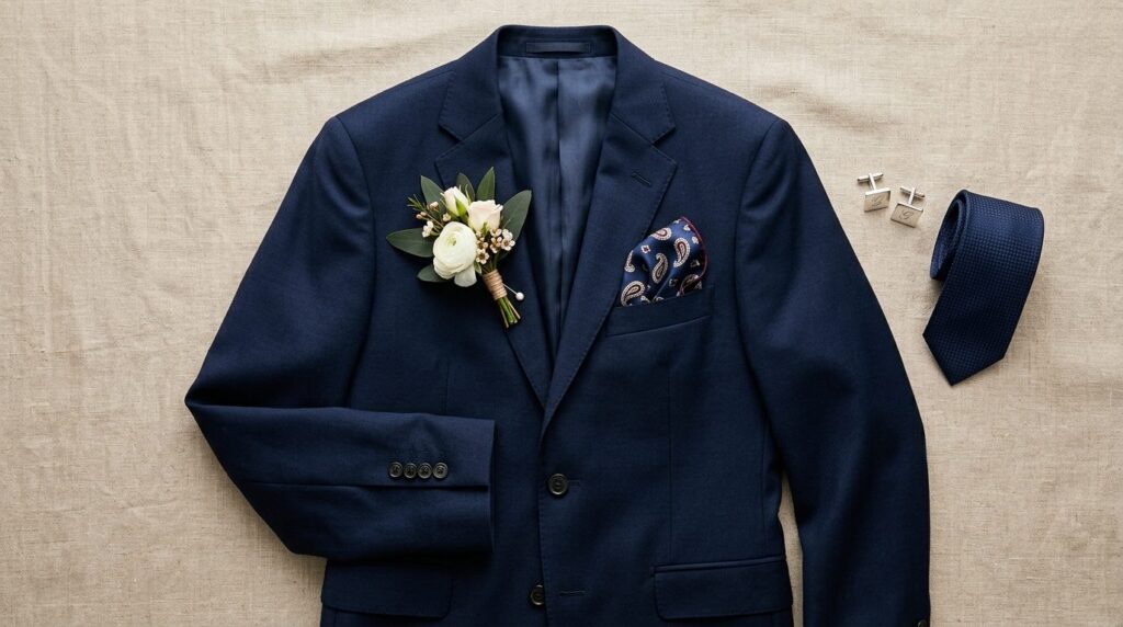 Overhead flat lay of wedding groomsman attire including cust