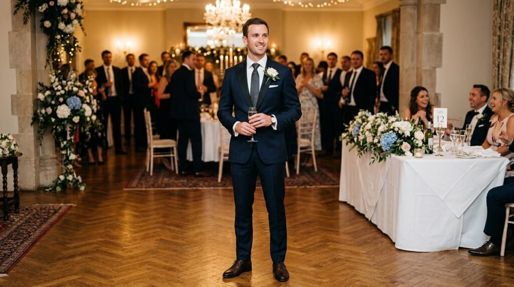Full-length photograph of best man wearing bespoke midnight