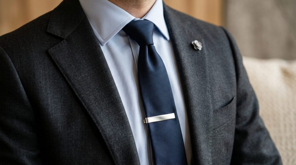 Close-up detail shot of a charcoal grey suit jacket with a p