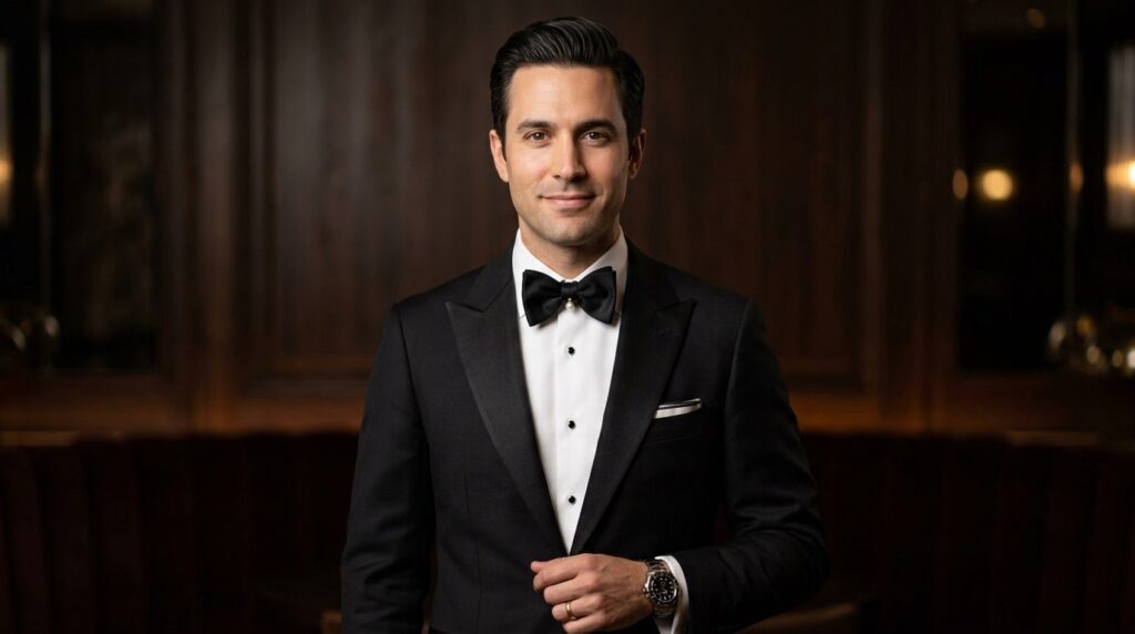 Well-dressed man in a tailored black tuxedo with white dress