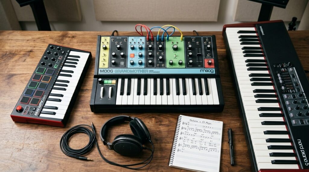 Close-up flatlay of three different keyboard instruments arr
