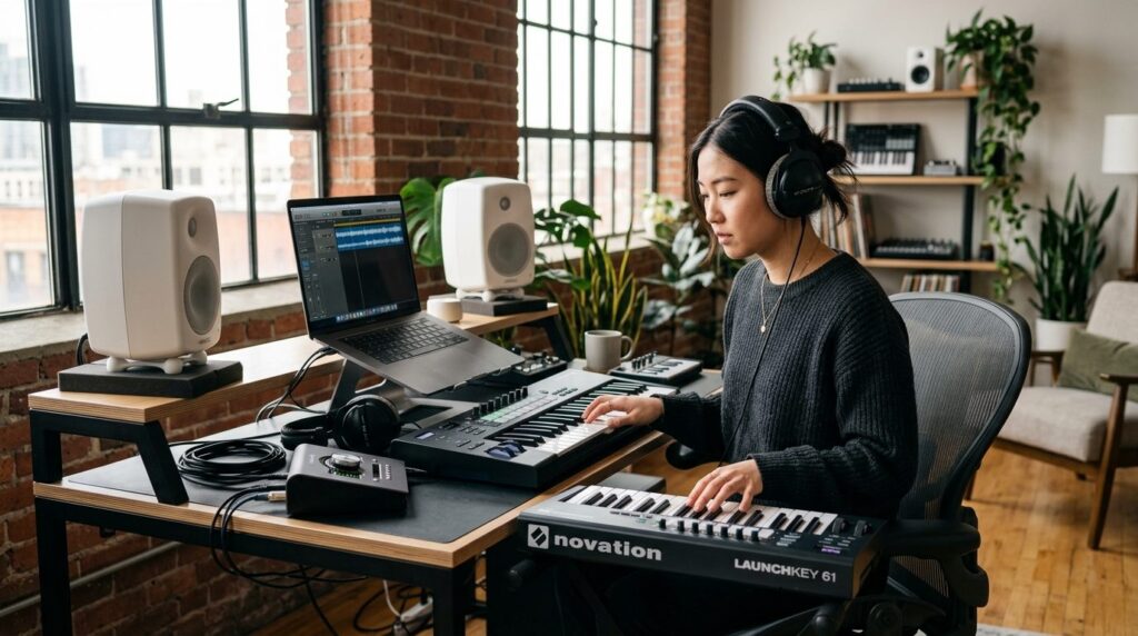 Young creative professional at a modern music production des