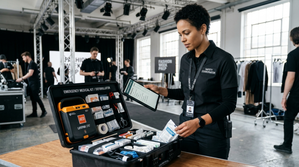 Close-up fotorealistic image of event safety coordinator in 