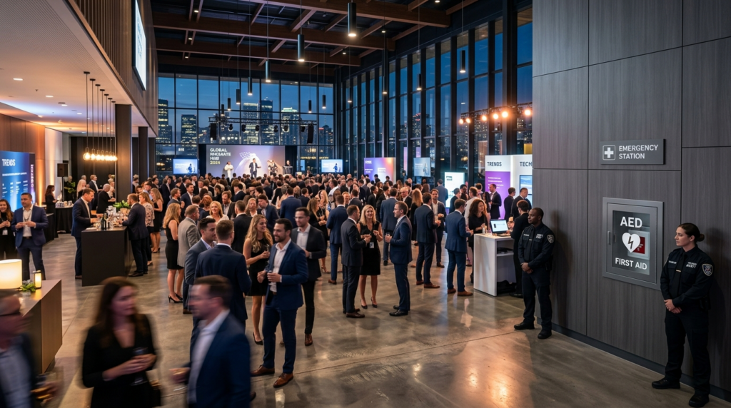 Fotorealistic wide shot of bustling modern lifestyle event v