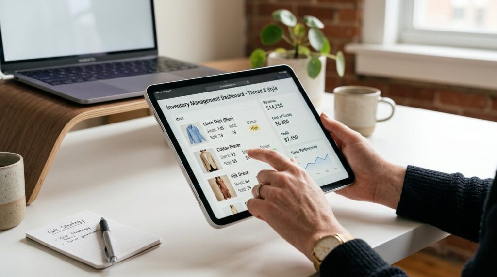 Close-up of a business owners hands holding a tablet showin