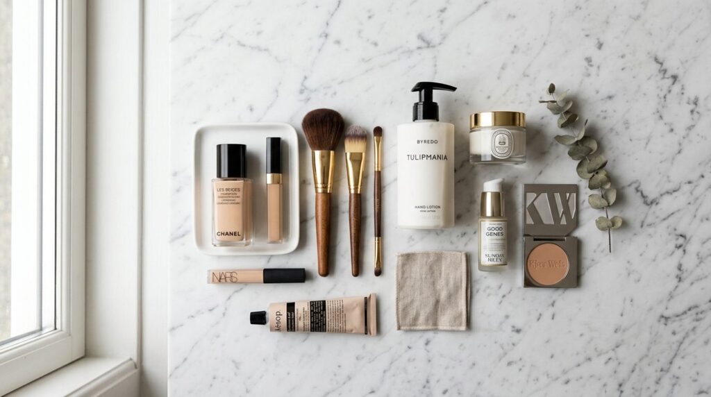 Flatlay composition of premium makeup products arranged on w