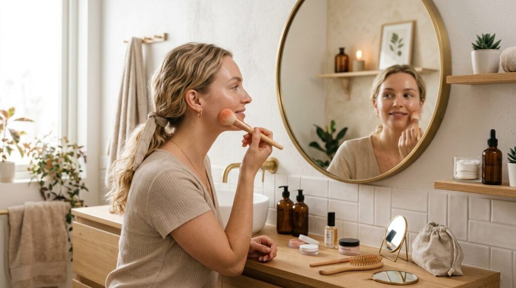 Woman in bathroom mirror applying makeup with gentle techniq