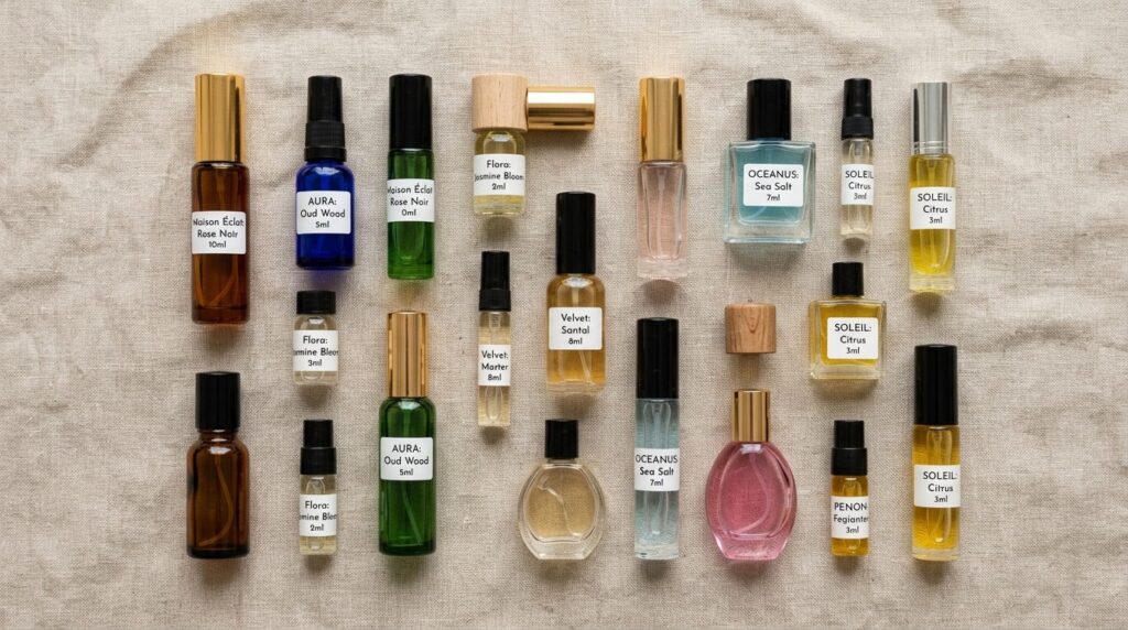 Close-up flatlay photography of various premium perfume samp