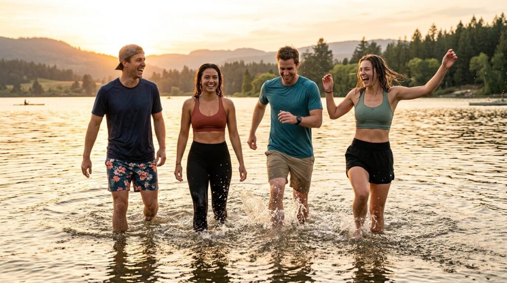 Dynamic action lifestyle photograph of group of stylish youn