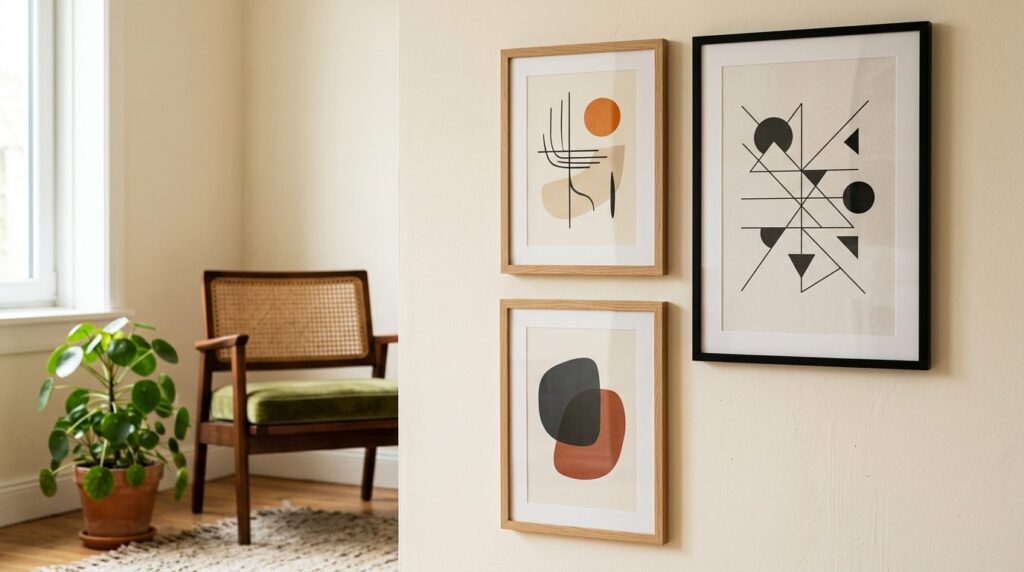 Close-up detail shot of a styled gallery wall corner showing