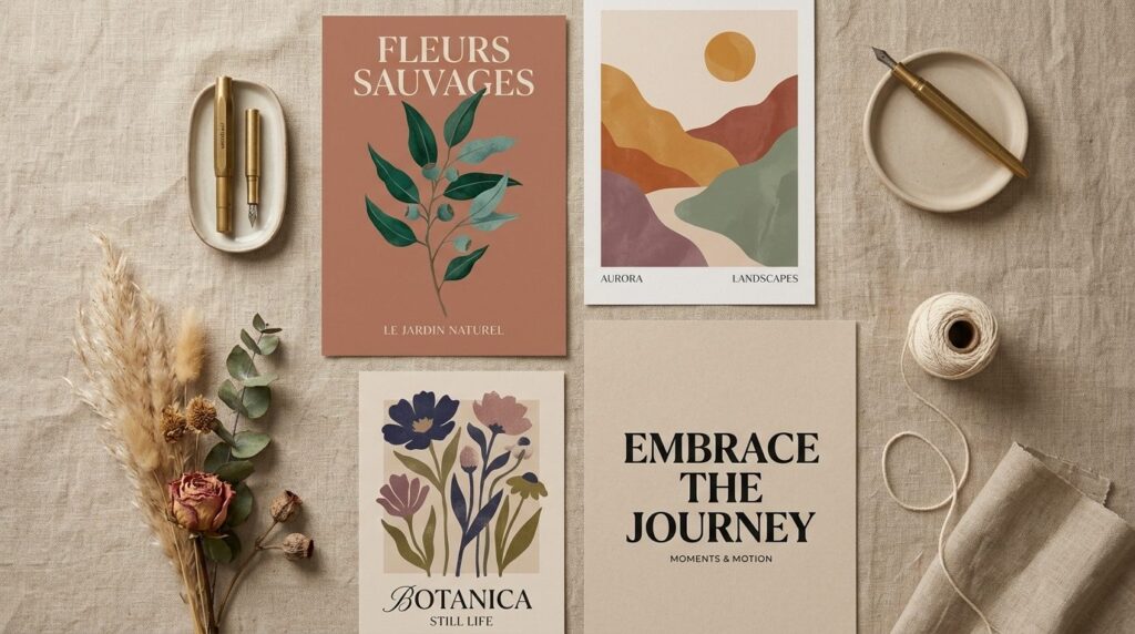Overhead flat lay styling photograph of four unframed poster