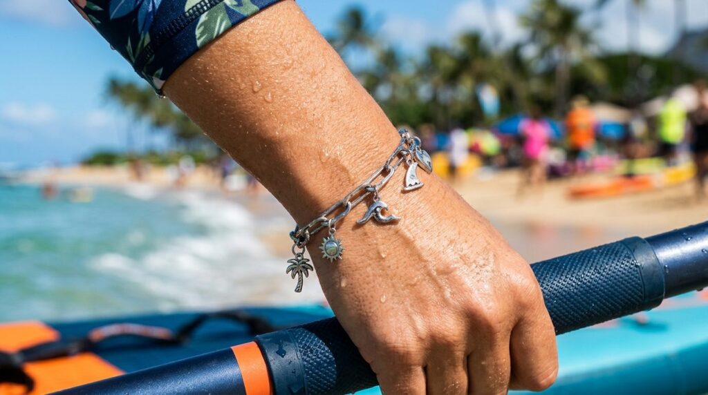 Close-up detail shot of a paperclip design charm bracelet wo