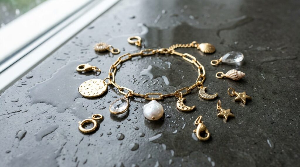 Flat lay composition of water-resistant paperclip chain jewe