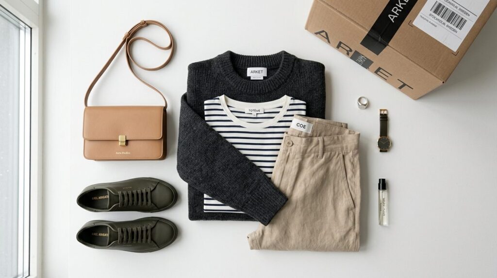Close-up shot of a fashion-forward outfit laid flat on a min