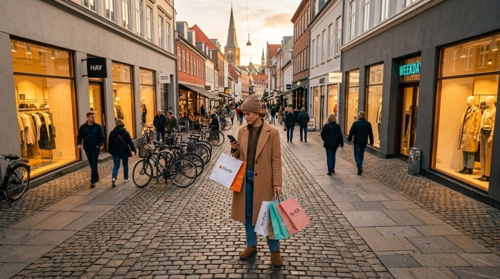 Aerial view of a young fashion enthusiast in Aarhus checking