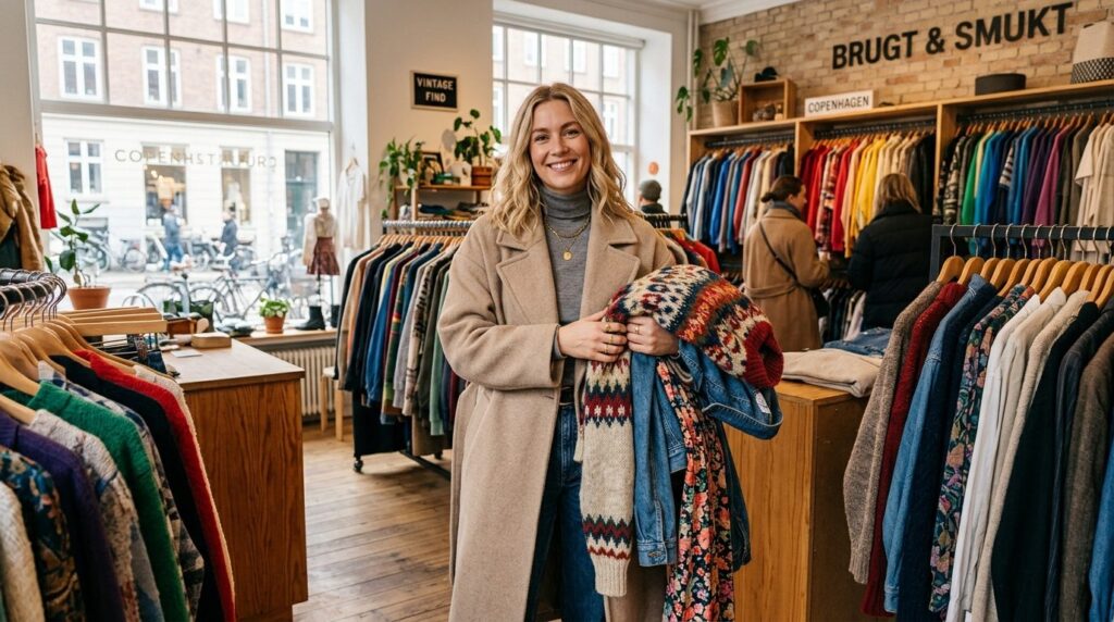 Kvinde sidder med secondhand-tøj spredt omkring sig og udforsker mulige stilkombinationer.