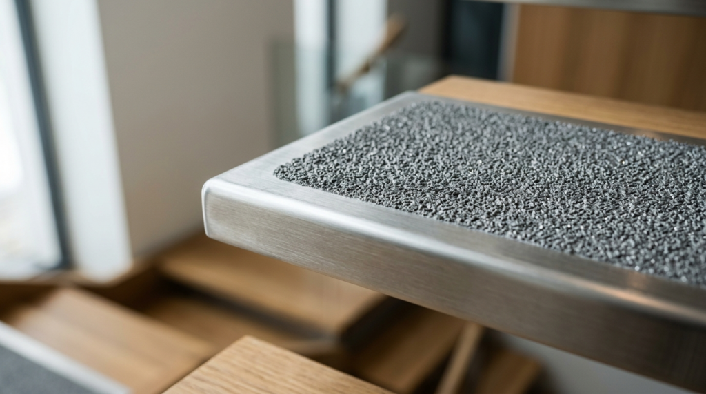 Close-up detail shot of a premium metal stair ramp with inte