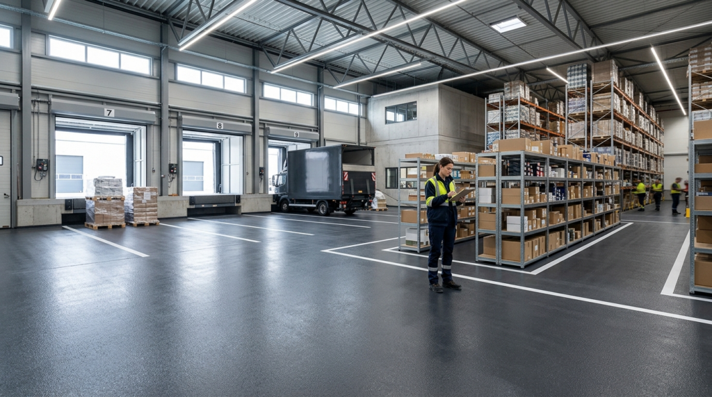 Wide-angle shot of a contemporary warehouse loading area wit
