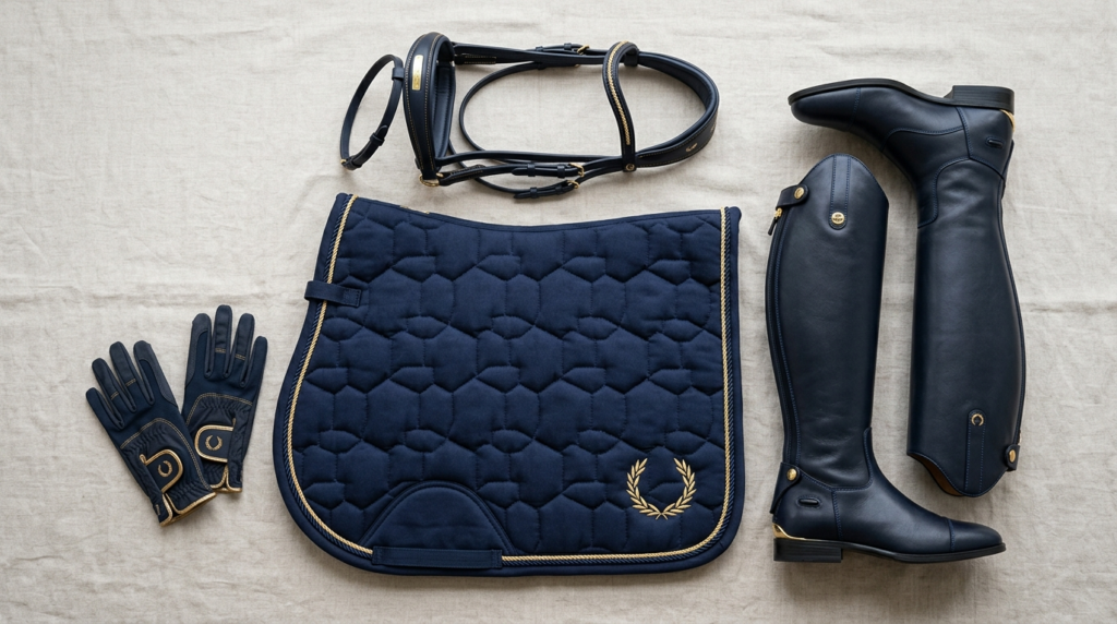 Close-up detail shot of premium equestrian accessories laid