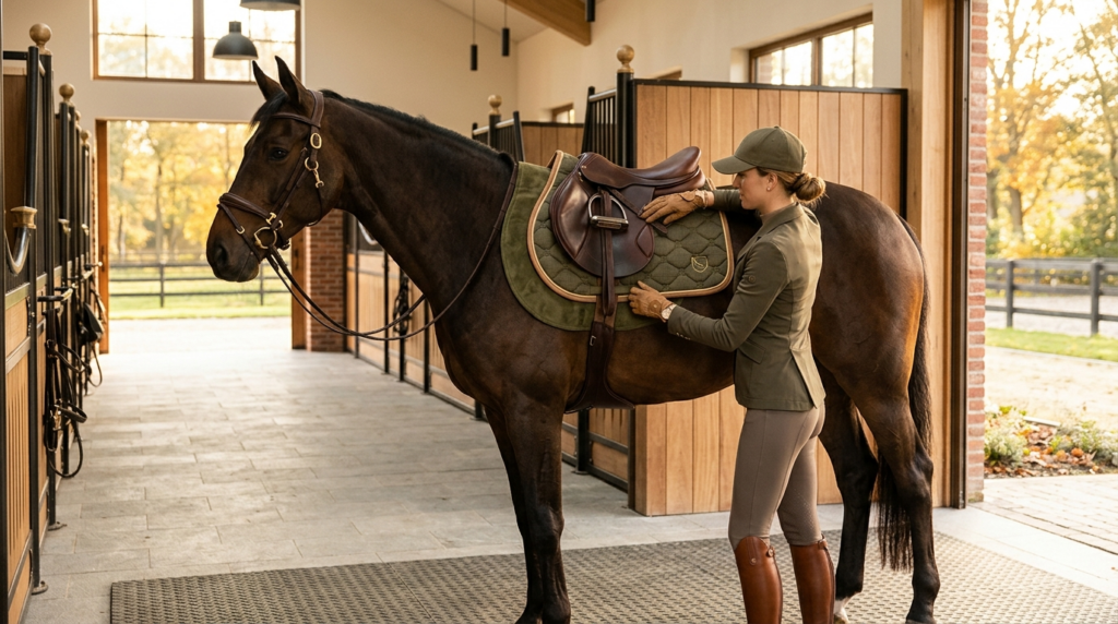 Luxury lifestyle photo of a stylish rider adjusting a coordi