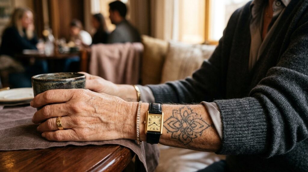 Armdetalje med sofistikeret sort liniemotiv tatoveret på huden.