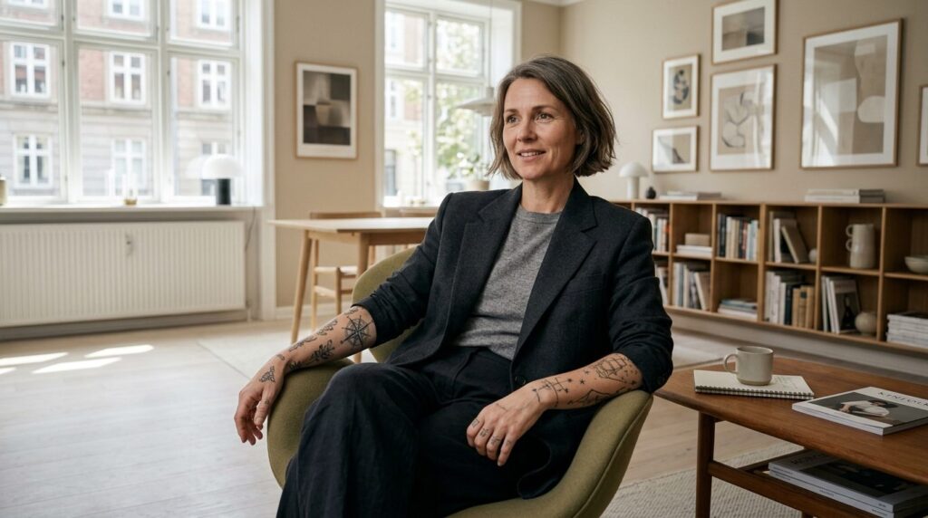Portræt af stilfuld professionel, der viser tatovering på armen.